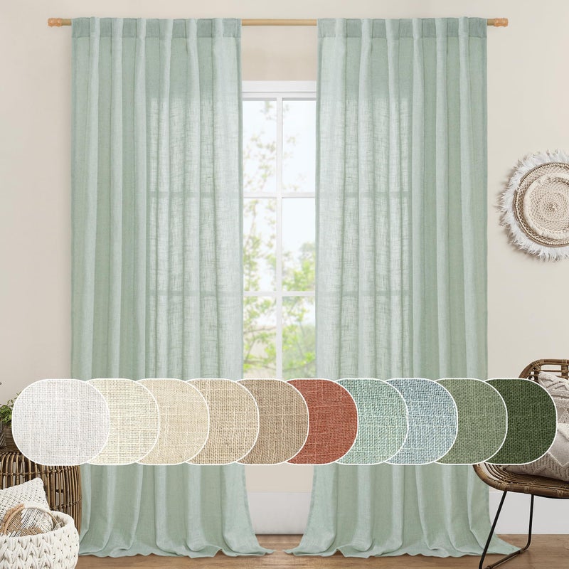 LAMIT Light Sage Linen Sheer Curtains for Bedroom, Faux Linen Textured Light Filtering Drapes Back Tab and Rod Pocket Boho Burlap Panels for Farmhouse/Living Room, 2 Panels, 52 x 84 Inch - Image 1