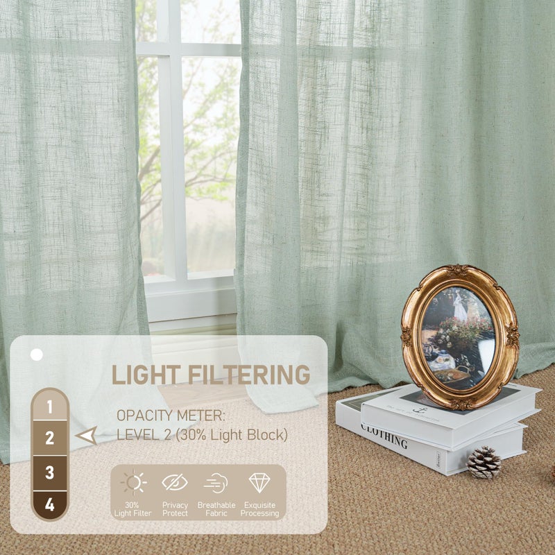 LAMIT Light Sage Linen Sheer Curtains for Bedroom, Faux Linen Textured Light Filtering Drapes Back Tab and Rod Pocket Boho Burlap Panels for Farmhouse/Living Room, 2 Panels, 52 x 84 Inch - Image 4
