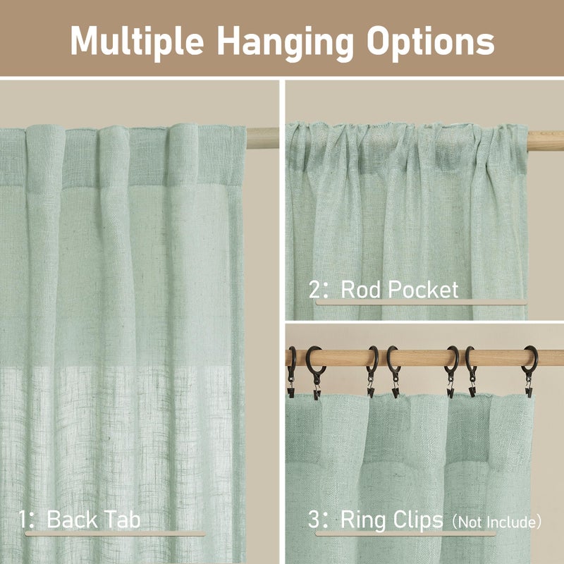 LAMIT Light Sage Linen Sheer Curtains for Bedroom, Faux Linen Textured Light Filtering Drapes Back Tab and Rod Pocket Boho Burlap Panels for Farmhouse/Living Room, 2 Panels, 52 x 84 Inch - Image 3