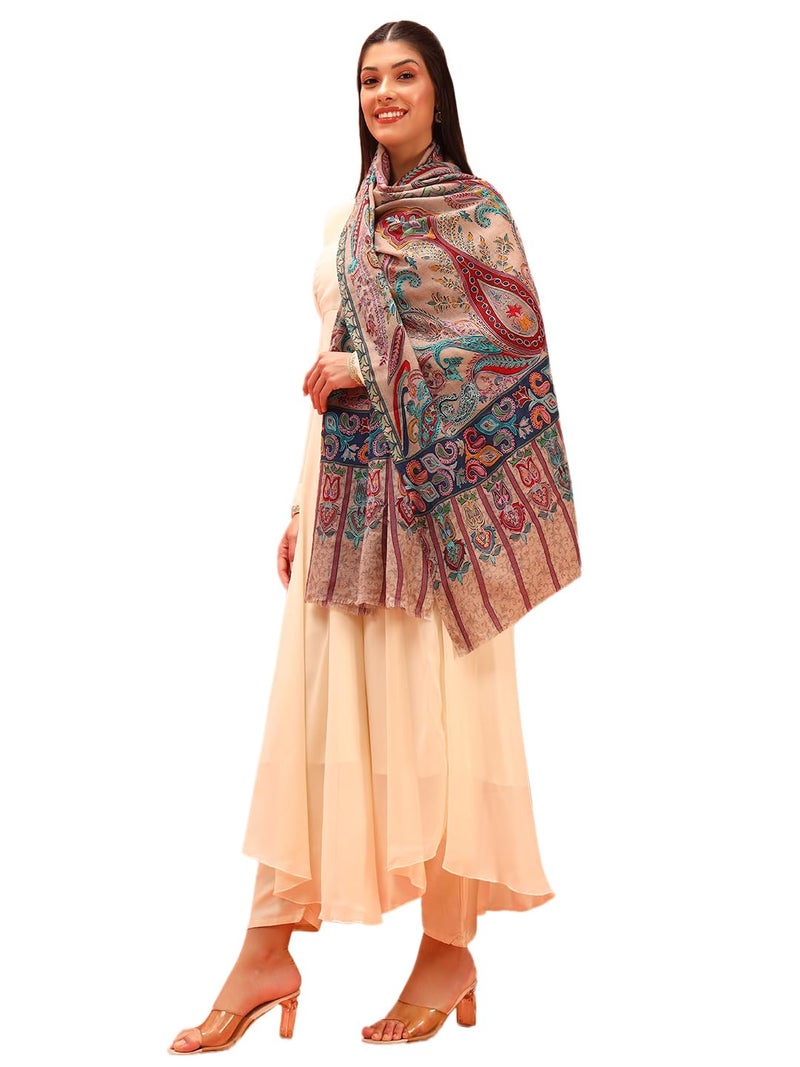 Pashmoda Women Sahtaar 100% Pure Wool Fabric Kalamkari Embroidered Stole, Shawl and Wrap, Sustainable and Natural Fabric, Heritage Kashmiri Pashmina (Size 28x80 Inches) Beige Colour KAST01 - Image 1