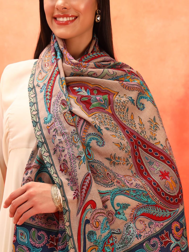Pashmoda Women Sahtaar 100% Pure Wool Fabric Kalamkari Embroidered Stole, Shawl and Wrap, Sustainable and Natural Fabric, Heritage Kashmiri Pashmina (Size 28x80 Inches) Beige Colour KAST01 - Image 4