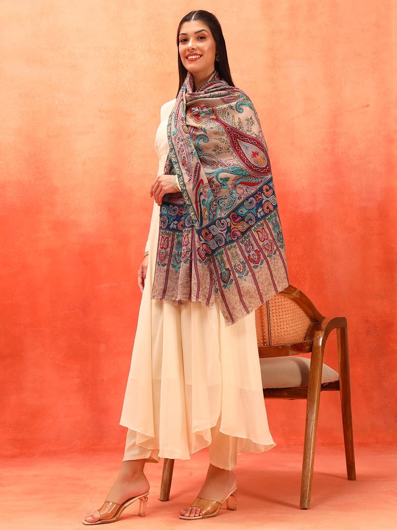 Pashmoda Women Sahtaar 100% Pure Wool Fabric Kalamkari Embroidered Stole, Shawl and Wrap, Sustainable and Natural Fabric, Heritage Kashmiri Pashmina (Size 28x80 Inches) Beige Colour KAST01 - Image 2