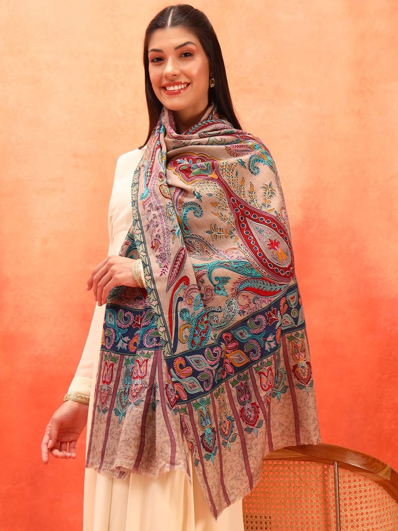 Pashmoda Women Sahtaar 100% Pure Wool Fabric Kalamkari Embroidered Stole, Shawl and Wrap, Sustainable and Natural Fabric, Heritage Kashmiri Pashmina (Size 28x80 Inches) Beige Colour KAST01 - Image 3