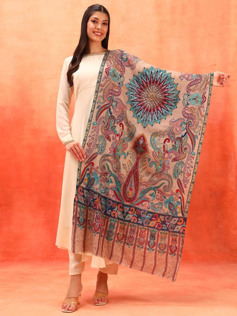 Pashmoda Women Sahtaar 100% Pure Wool Fabric Kalamkari Embroidered Stole, Shawl and Wrap, Sustainable and Natural Fabric, Heritage Kashmiri Pashmina (Size 28x80 Inches) Beige Colour KAST01 - Image 5