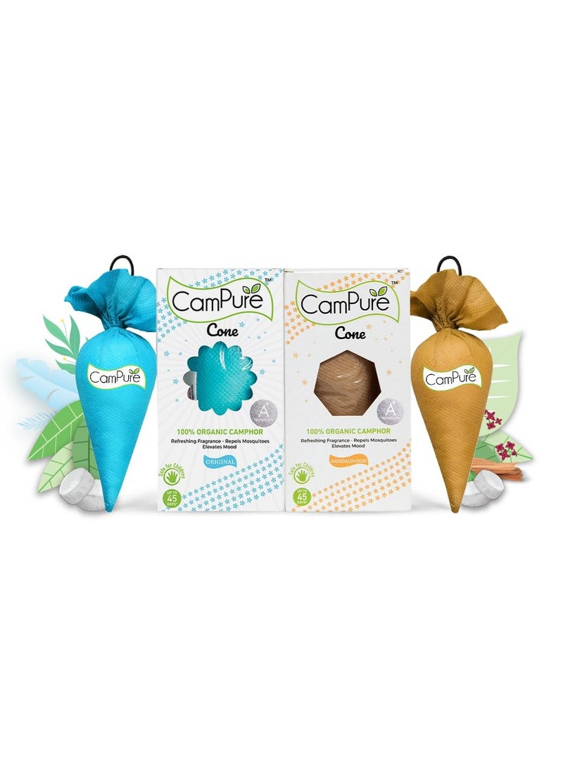 Mangalam MANGALAM Campure Camphor Cone (1 Original + 1 Sandalwood) Pack Of 2-100% Organic | Air Freshener For Car, Wardrobe, Office Cabin's, Drawers, Travel Bag & Bathroom, Granule, 120 Gm  - Image 1