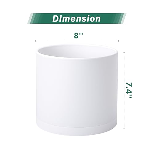 D'vine Dev 2 Pack 8 Inch Modern Plastic Plant Pots, Cylindrical Garden Planters for Plants with Drainage Holes and Saucers, White, 74-Z-M-1 - Image 2