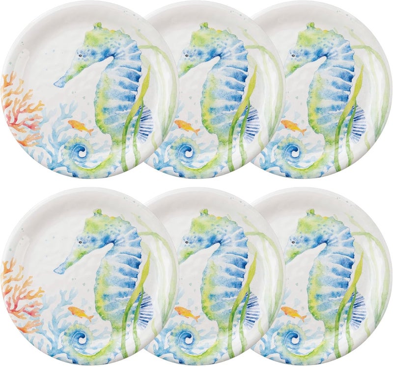 UPware Sea Life Serenade Seahorse Melamine Salad Plate Set Round Plates for Risotto Pasta and Salad BPAFree Dishwasher Safe Blue 9 Inch Set of 6 - Image 1