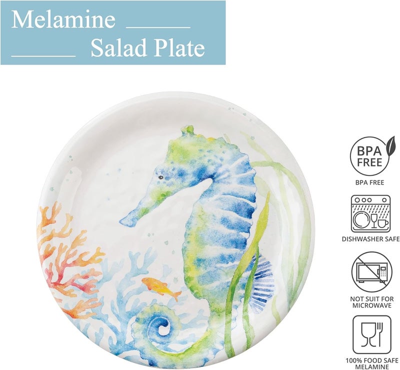 UPware Sea Life Serenade Seahorse Melamine Salad Plate Set Round Plates for Risotto Pasta and Salad BPAFree Dishwasher Safe Blue 9 Inch Set of 6 - Image 2