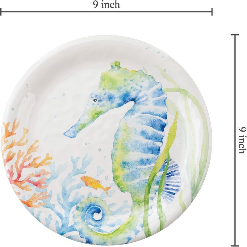 UPware Sea Life Serenade Seahorse Melamine Salad Plate Set Round Plates for Risotto Pasta and Salad BPAFree Dishwasher Safe Blue 9 Inch Set of 6 - Image 3