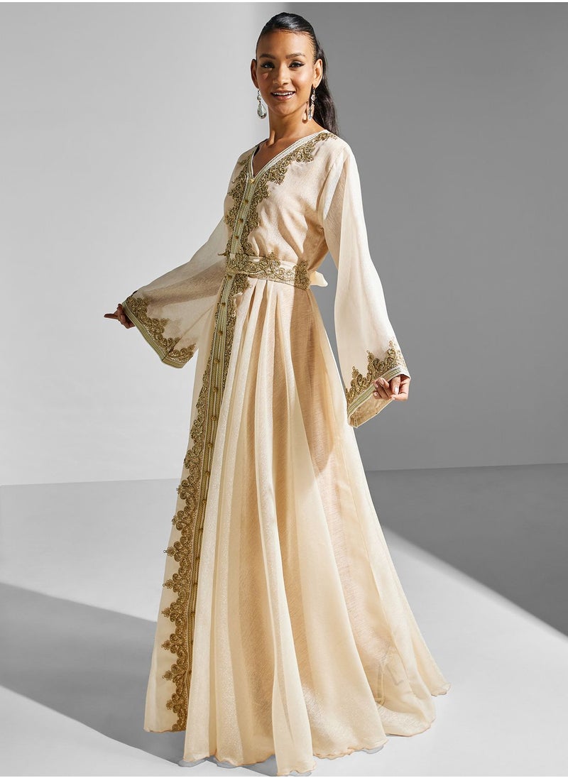 hayas closet - Lace Detail Moroccan Jalabiya With Belt - Image 1