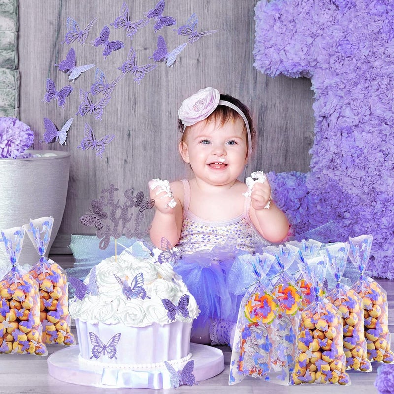 كلاراكو 100 قطعة من أكياس الهدايا المصنوعة من السيلوفان على شكل فراشات، وأكياس بلاستيكية للحلوى على شكل فراشة، وأكياس هدايا على شكل فراشة مع 100 قطعة من أربطة التواء فضية لتزيين حلويات حفلات استقبال المولود وأعياد الميلاد (بنفسجي) - Image 5