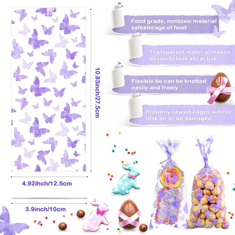 كلاراكو 100 قطعة من أكياس الهدايا المصنوعة من السيلوفان على شكل فراشات، وأكياس بلاستيكية للحلوى على شكل فراشة، وأكياس هدايا على شكل فراشة مع 100 قطعة من أربطة التواء فضية لتزيين حلويات حفلات استقبال المولود وأعياد الميلاد (بنفسجي) - Image 2