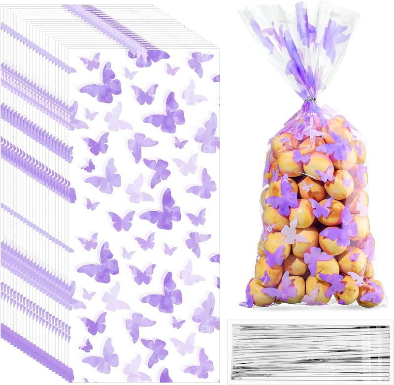 كلاراكو 100 قطعة من أكياس الهدايا المصنوعة من السيلوفان على شكل فراشات، وأكياس بلاستيكية للحلوى على شكل فراشة، وأكياس هدايا على شكل فراشة مع 100 قطعة من أربطة التواء فضية لتزيين حلويات حفلات استقبال المولود وأعياد الميلاد (بنفسجي) - Image 1