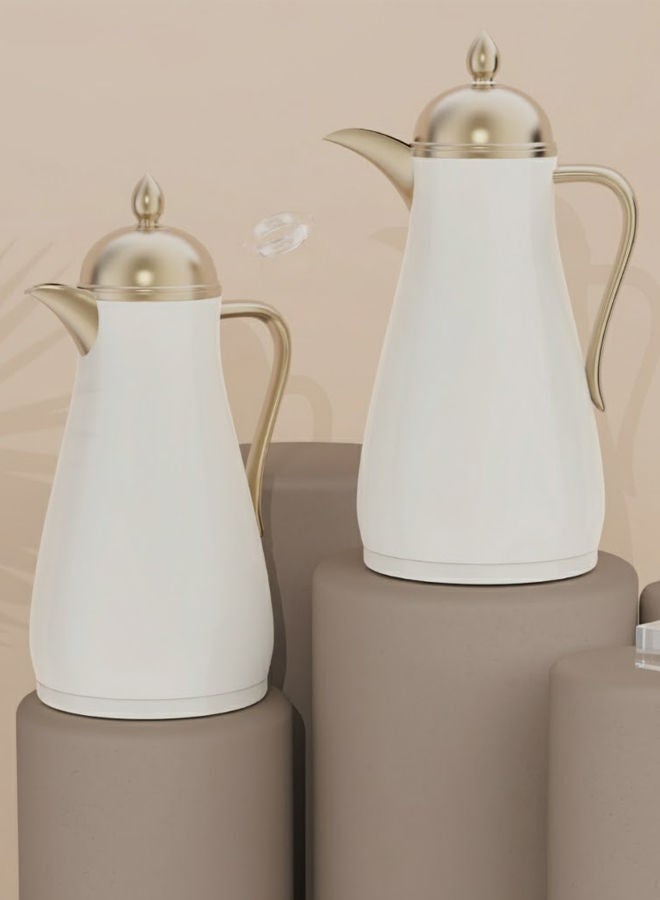 GAZELLA 2-Piece Plastic Tea/Coffee Flask Set 1Liter & 1Liter White/Gold with Borosilicate Glass Inside - Image 1