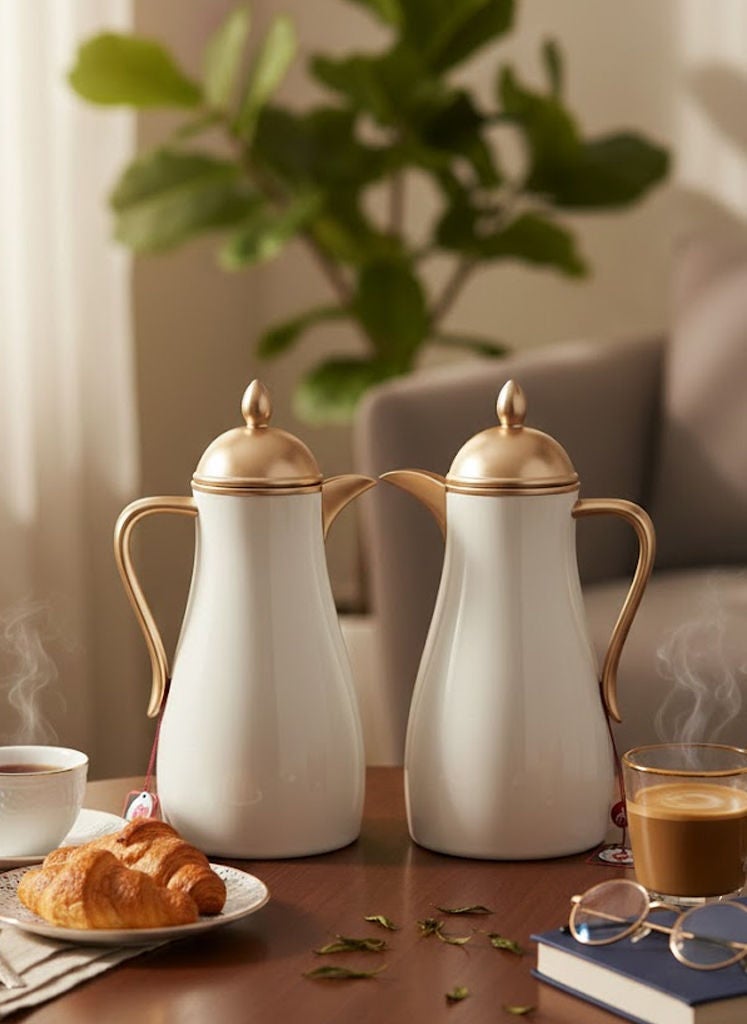 GAZELLA 2-Piece Plastic Tea/Coffee Flask Set 1Liter & 1Liter White/Gold with Borosilicate Glass Inside - Image 2