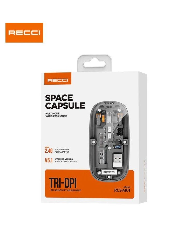 Recci - Space Capsule Wireless Mouse – Transparent Design, Bluetooth & 2.4GHz Wireless, 1600 DPI, Silent Click, Ergonomic, Multi-Device Connectivity, Long Battery Life, Compatible with Windows, Mac, iOS, Android - Image 1