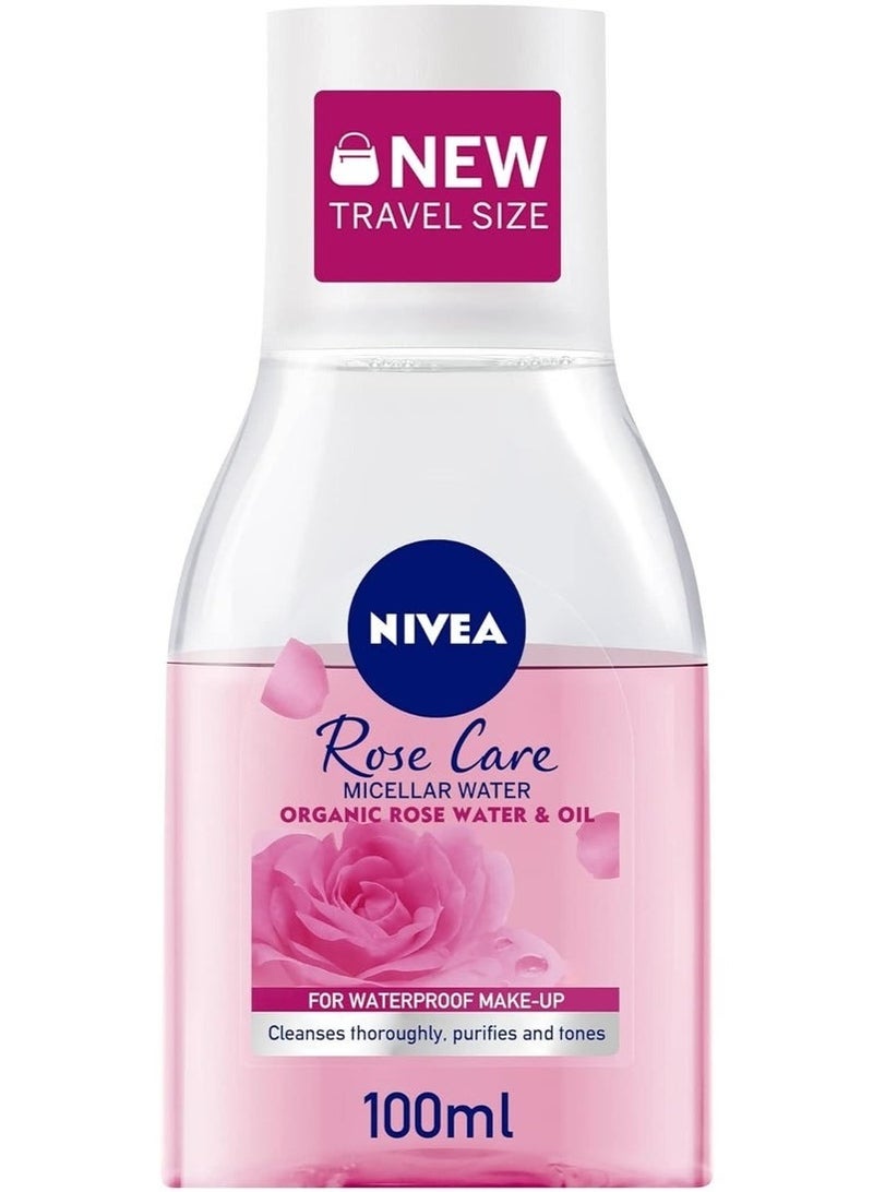 NIVEA Face Micellar Water Makeup Remover Travel Size, Rose Care Biphase with Organic Rose Water, 100ml