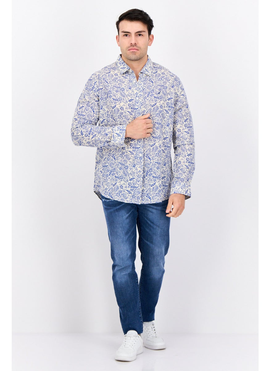 NAUTICA Men Classic Fit Floral Print Long Sleeves Casual Shirt, White/Blue  - Image 4