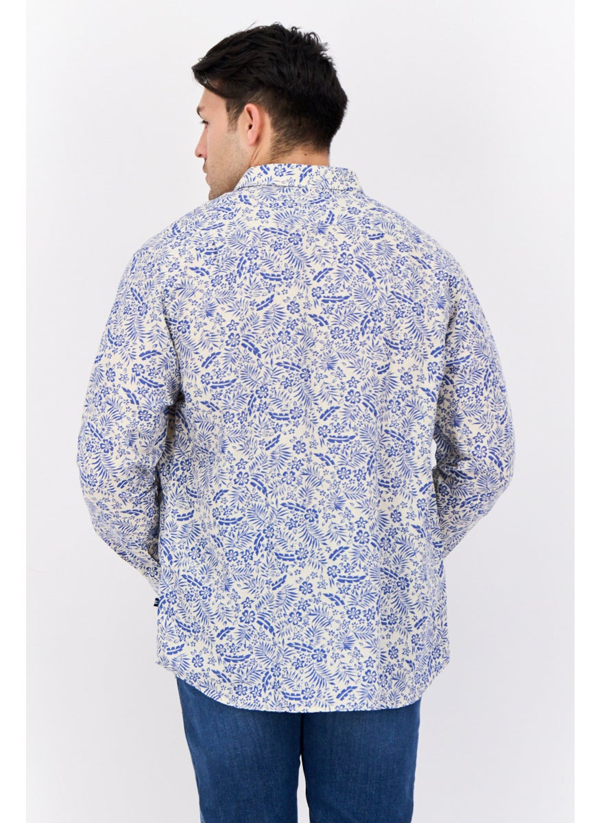 NAUTICA Men Classic Fit Floral Print Long Sleeves Casual Shirt, White/Blue  - Image 3