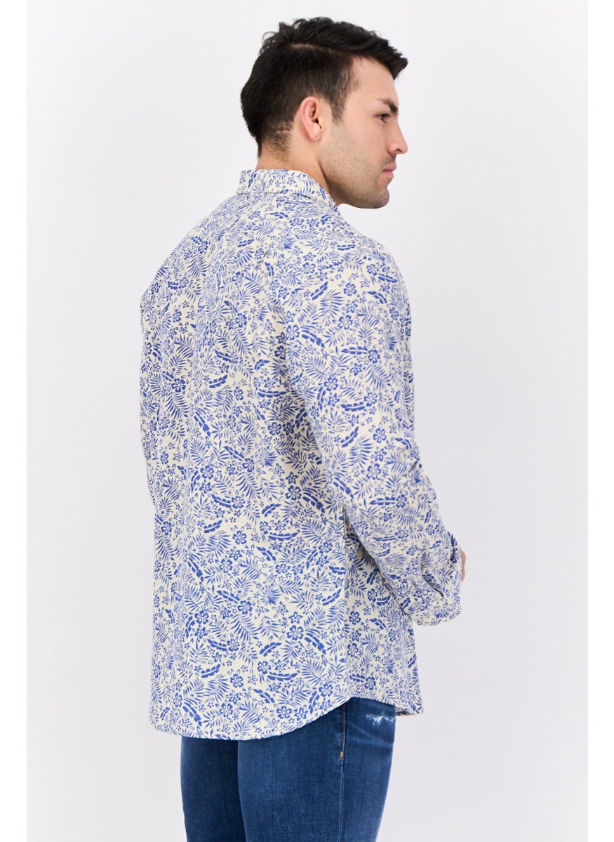 NAUTICA Men Classic Fit Floral Print Long Sleeves Casual Shirt, White/Blue  - Image 2
