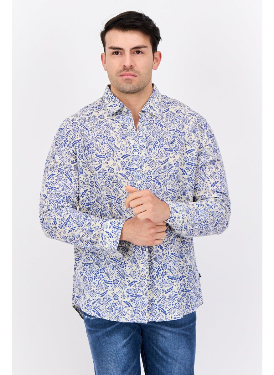 NAUTICA Men Classic Fit Floral Print Long Sleeves Casual Shirt, White/Blue  - Image 1