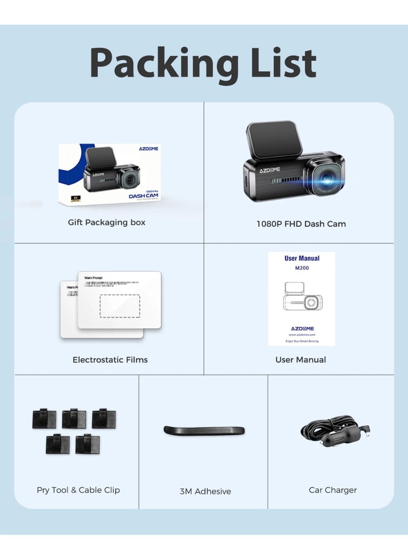 كاميرا Dash Cam Dash Cam صغيرة تعمل بالواي فاي، كاميرا أمامية بدقة 1080 بكسل للسيارات، كاميرا خفية للسيارة مزودة بمستشعر للرؤية الليلية في وضع وقوف السيارات 24 ساعة، تطبيق AZDOME، تسجيل متكرر، تدعم 128 جيجابايت كحد أقصى، سهلة التركيب