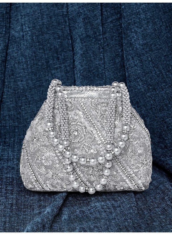 Peora Silver Potli Style Purses for Women Handmade Evening Handbag Stylish Bridal Fashion Wristlet Bag for Girls (P147S) - Image 2