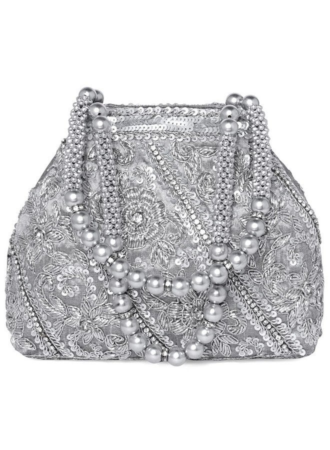 Peora Silver Potli Style Purses for Women Handmade Evening Handbag Stylish Bridal Fashion Wristlet Bag for Girls (P147S) - Image 1