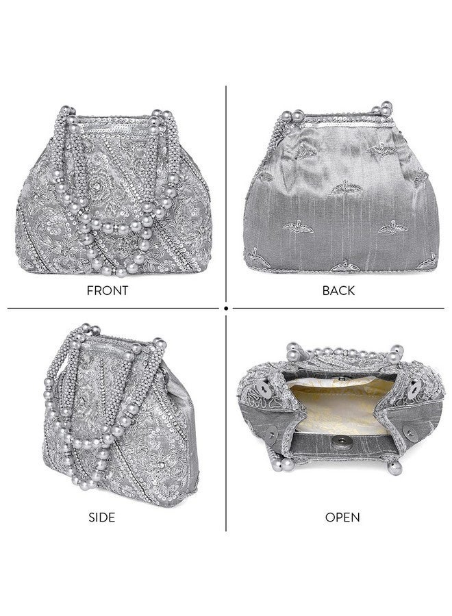 Peora Silver Potli Style Purses for Women Handmade Evening Handbag Stylish Bridal Fashion Wristlet Bag for Girls (P147S) - Image 5