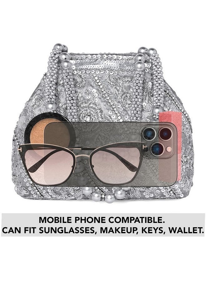 Peora Silver Potli Style Purses for Women Handmade Evening Handbag Stylish Bridal Fashion Wristlet Bag for Girls (P147S) - Image 3