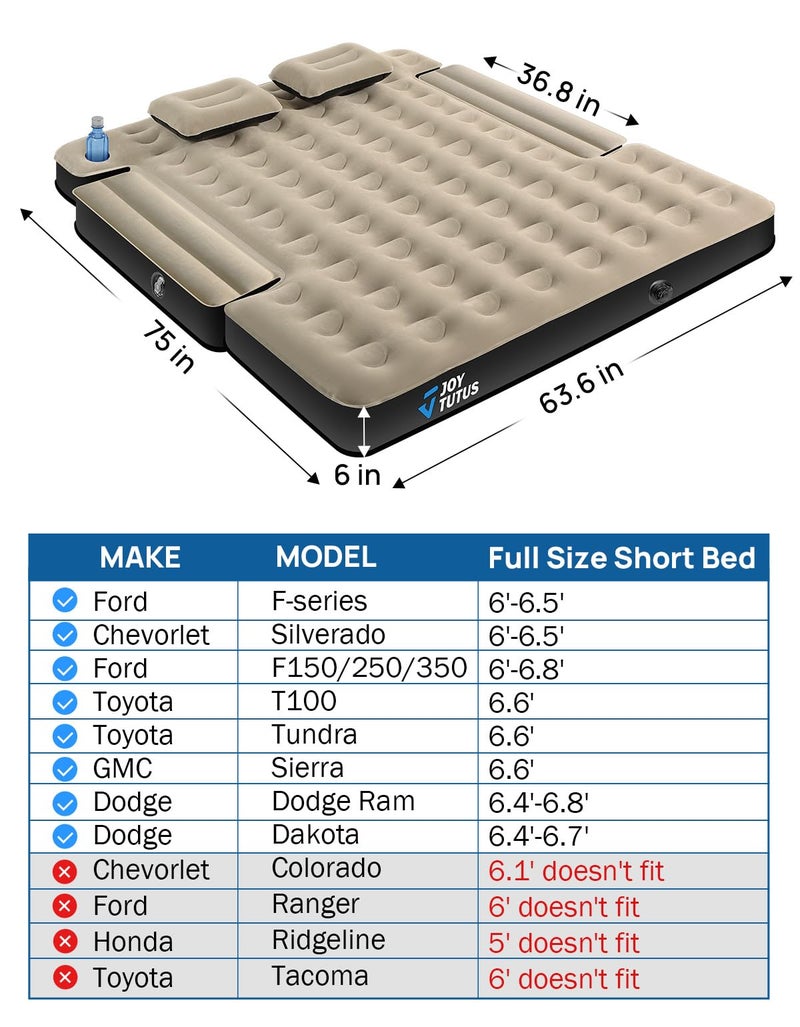 JOYTUTUS Truck Bed Air Mattress for 6.4-6.7Ft, Full Size Regular Beds for Pickup Outdoor Camping, Truck Tent Accessories with Carry Bag & Cup Holder & Cavity Design, Camel&Black - Image 2