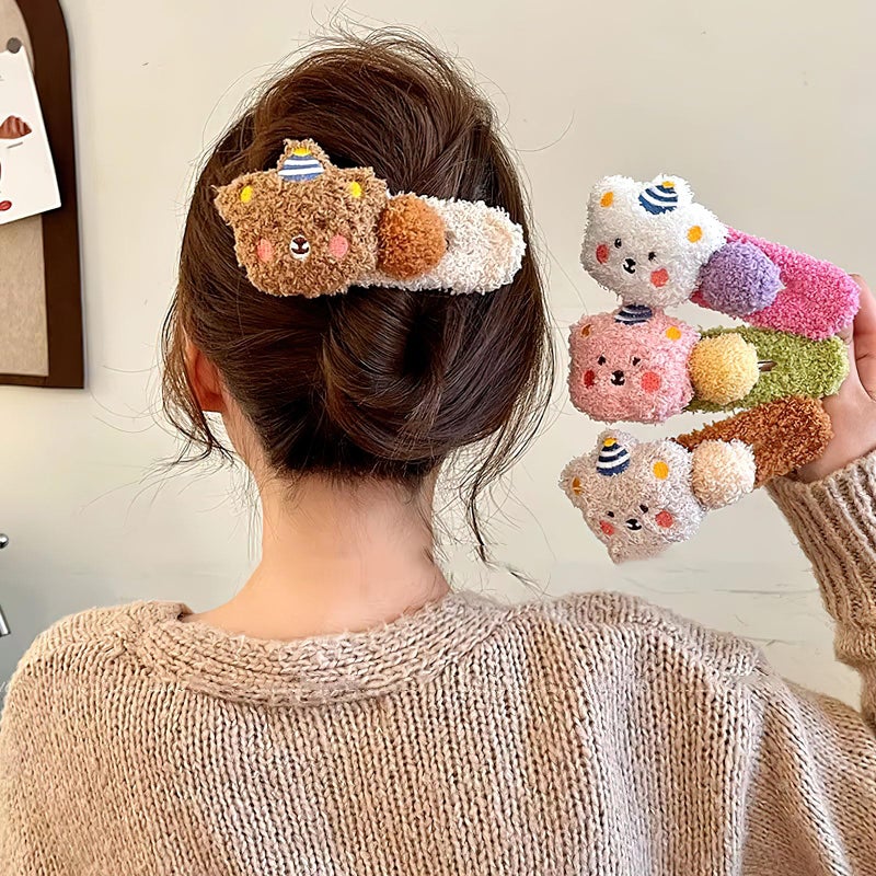 4 قطع مشبك شعر دب Plush موضة مشبك دك بيل كبير مشبك جانبي لطيف وجميل ملحقات شعر دب كرتوني ملون للنساء