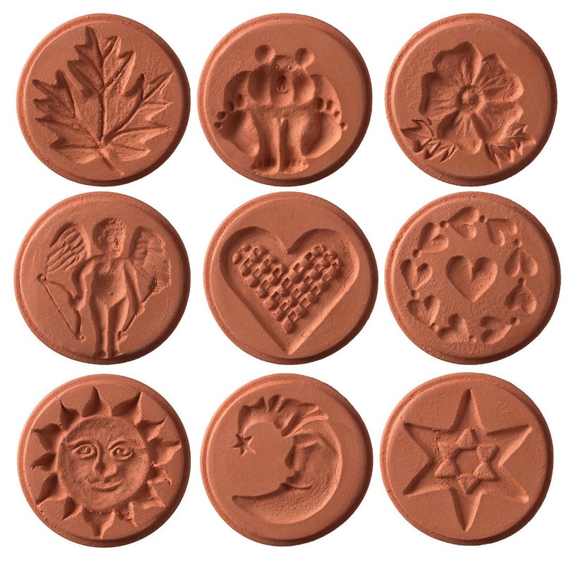 JBK Pottery Terra Cotta Cookie Stamps for Baking Oven Dishwasher Safe Cookie Cutter Molder Stamper Press Ideal for Cookies Polvoron Pastry Shortbread Butter UniqueFull Set of 9 Designs