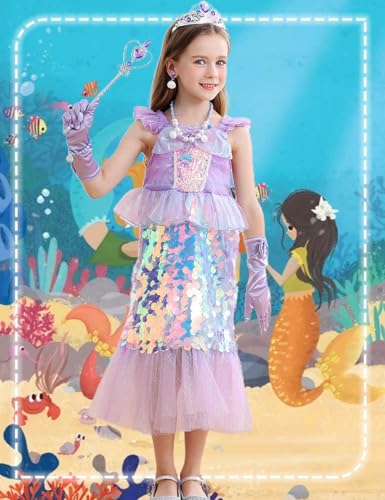 Luzlen Little Girls Mermaid Princess Costume Sequins Party Dress for Toddler Kids Baby Halloween Dress Up with Accessories Purple 45 YearsTag 120 - Image 5