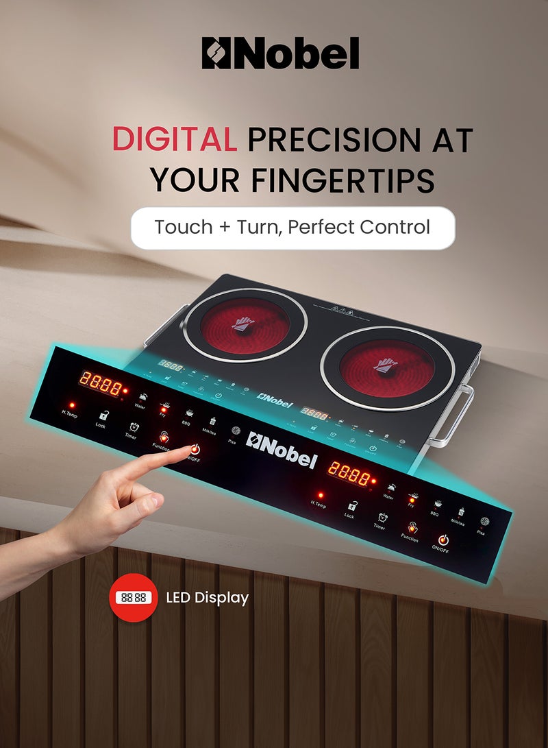 Nobel Double Ring Infrared Cooker, Touch & Knob Control, Tempered Glass Panel, Residual Heat Indicator, Stainless Steel Body 2 NIC20I Black - Image 4