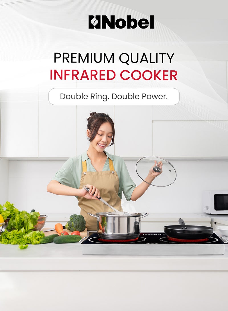 Nobel Double Ring Infrared Cooker, Touch & Knob Control, Tempered Glass Panel, Residual Heat Indicator, Stainless Steel Body 2 NIC20I Black - Image 2