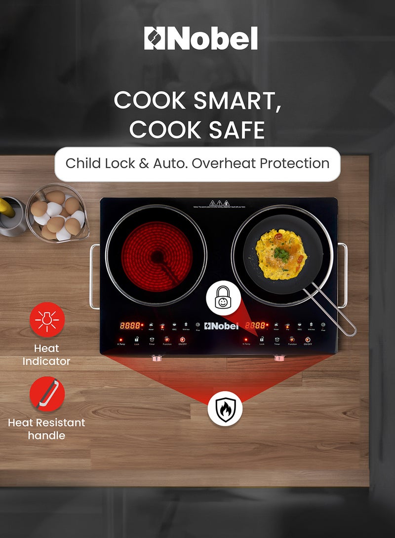 Nobel Double Ring Infrared Cooker, Touch & Knob Control, Tempered Glass Panel, Residual Heat Indicator, Stainless Steel Body 2 NIC20I Black - Image 5