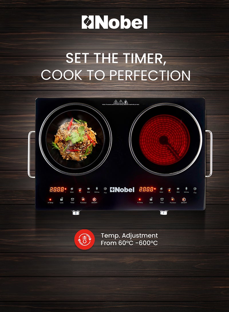 Nobel Double Ring Infrared Cooker, Touch & Knob Control, Tempered Glass Panel, Residual Heat Indicator, Stainless Steel Body 2 NIC20I Black - Image 3