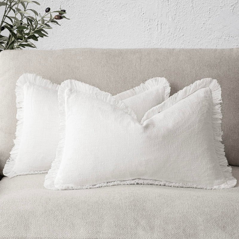 Foindtower Foindtower Set of 2 Decorative Linen Fringe Lumbar Throw Pillow Covers Boho Farmhouse Cushion Cover with Tassels Soft Accent Pillowcase for Sofa Couch Living Room Home Decor 12?20 Inch Cream White  - Image 1