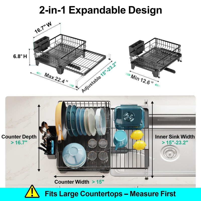 GSlife Expandable Dish Drying Rack for Kitchen Counter, Large Capacity 2-in-1 Rust Resistant Dish Drainer with Swivel Spout and Pull Out Over Sink Extension, 16.7" W x 12.6"-22.4" L, Black - Image 5