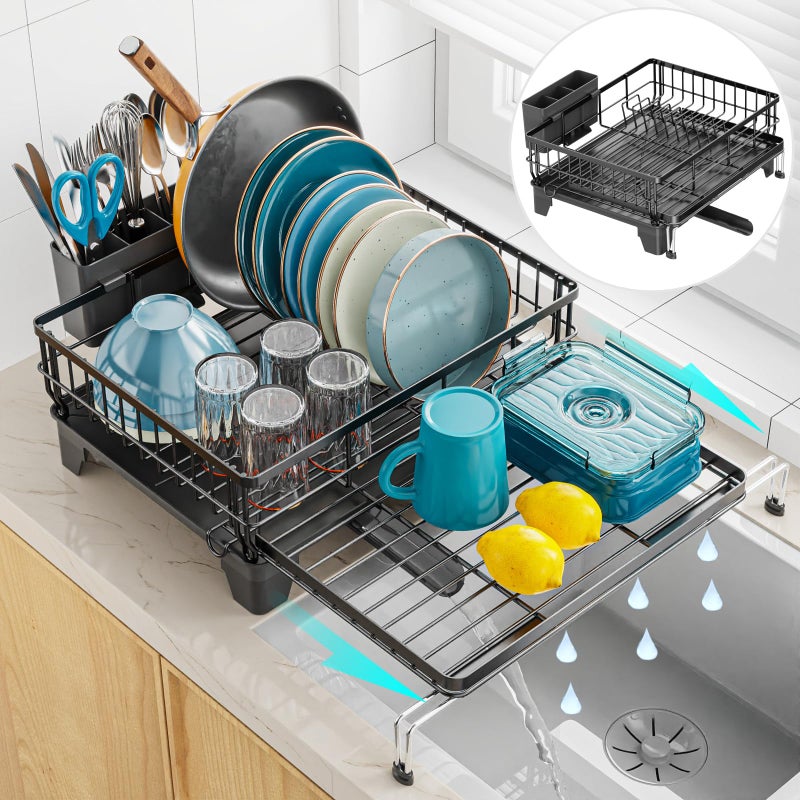 GSlife Expandable Dish Drying Rack for Kitchen Counter, Large Capacity 2-in-1 Rust Resistant Dish Drainer with Swivel Spout and Pull Out Over Sink Extension, 16.7" W x 12.6"-22.4" L, Black - Image 1
