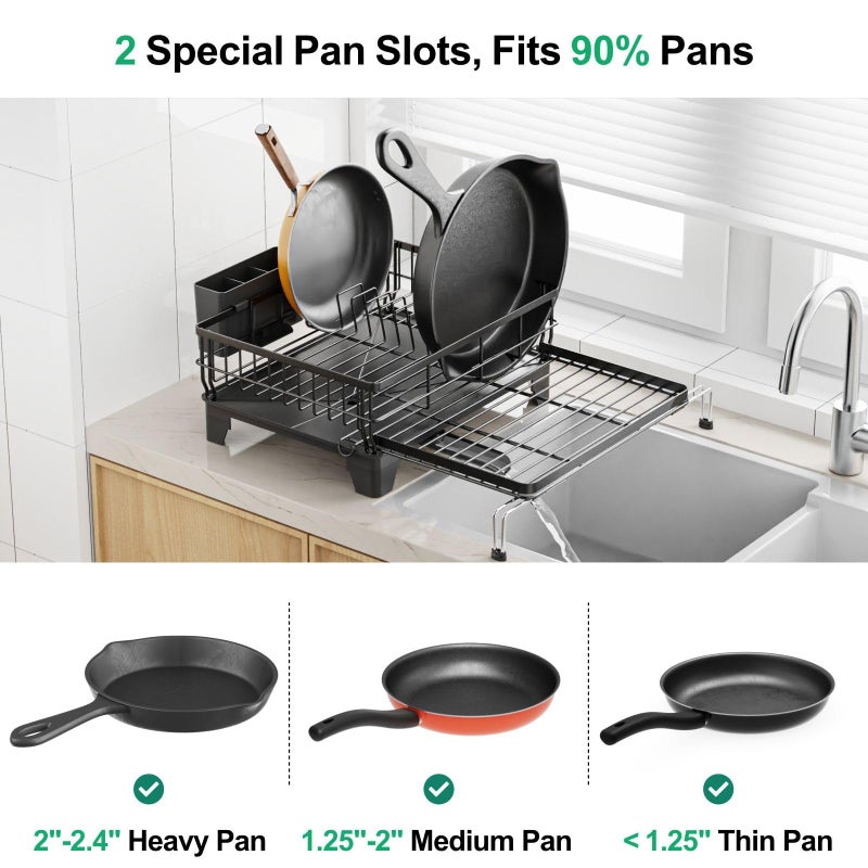 GSlife Expandable Dish Drying Rack for Kitchen Counter, Large Capacity 2-in-1 Rust Resistant Dish Drainer with Swivel Spout and Pull Out Over Sink Extension, 16.7" W x 12.6"-22.4" L, Black - Image 3