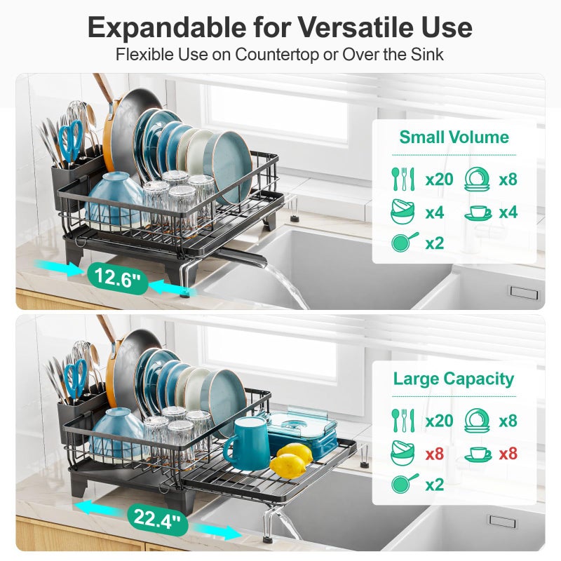GSlife Expandable Dish Drying Rack for Kitchen Counter, Large Capacity 2-in-1 Rust Resistant Dish Drainer with Swivel Spout and Pull Out Over Sink Extension, 16.7" W x 12.6"-22.4" L, Black - Image 2