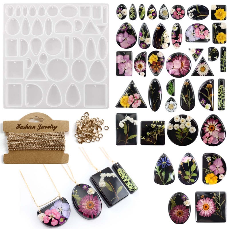 Szecl 38 Cavities Jewelry Pendant Resin Molds Chain Set Silicone Pendant Mold with Hole DIY Cabochon Gem Round Tear Drop Shape Necklace Earring Keychain Charm Epoxy Casting Mold Jewelry Making Tool
