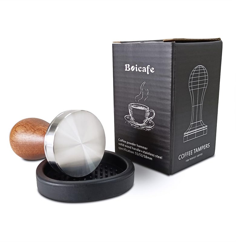 Boicafe 51mm Coffee Tamper Espresso Hand Tamper 304 Stainless Steel Espresso Wooden Handle Coffee Tamper with Mat 51mm