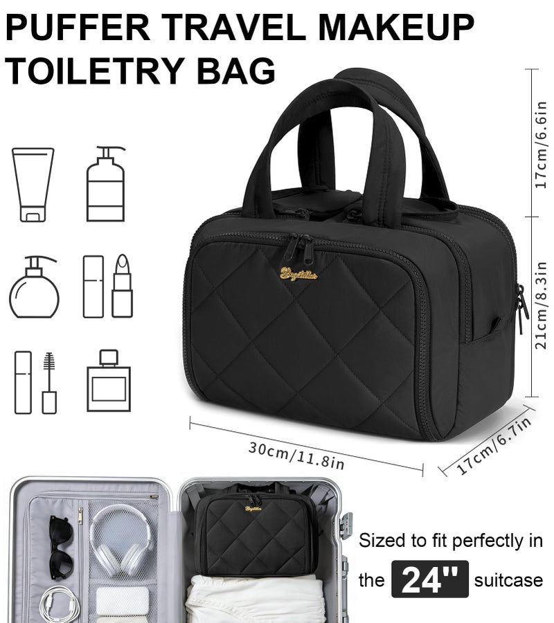 Bagstellar Travel Toiletry Bag, Large Wide-open Puffy Toiletry Bag for Women, Lightweight Quilted Makeup Bag Cosmetic Organizer with Handle Water-resistant Travel Essentials for Toiletries Accessories Black - Image 2