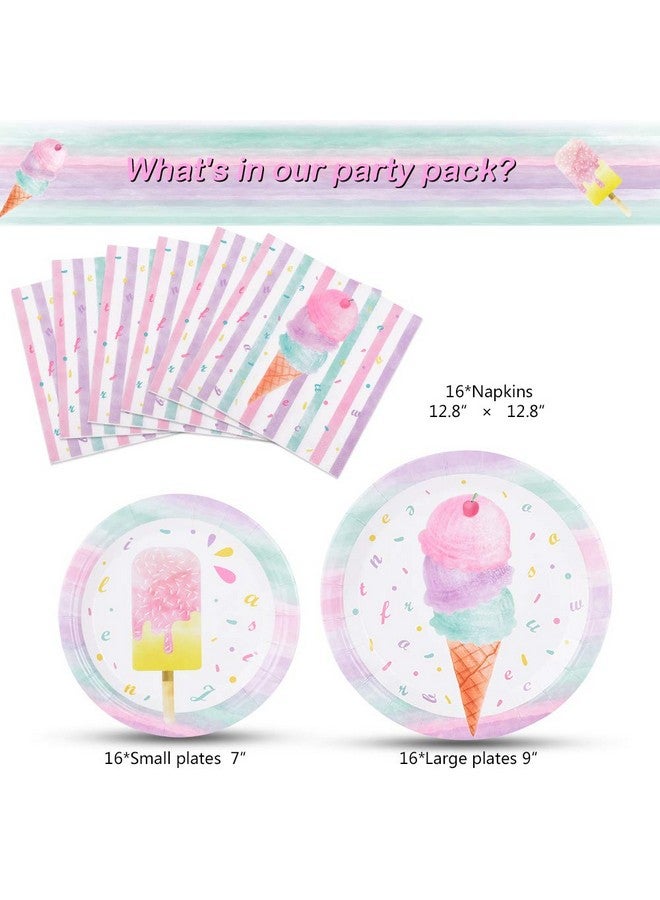 WERNNSAI Ice Cream Plates and Napkins - Ice Cream and Popsicle Theme Party Supplies for Girls Birthday Disposable Tableware Dessert Plates Luncheon Napkins Serves 16 Guests 48PCS - Image 2