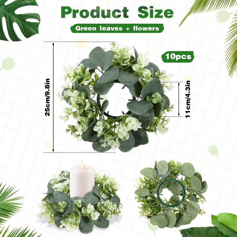 SHENLIU 10 Pcs Candle Rings Artificial Eucalyptus Leaves Wreath Greenery Leaves Boho Garland Pillar Candleholders Candle Rings for Wedding Party Home Table Door - Image 2