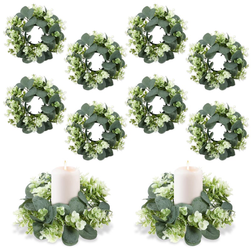 SHENLIU 10 Pcs Candle Rings Artificial Eucalyptus Leaves Wreath Greenery Leaves Boho Garland Pillar Candleholders Candle Rings for Wedding Party Home Table Door - Image 1