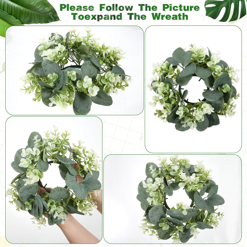 SHENLIU 10 Pcs Candle Rings Artificial Eucalyptus Leaves Wreath Greenery Leaves Boho Garland Pillar Candleholders Candle Rings for Wedding Party Home Table Door - Image 3